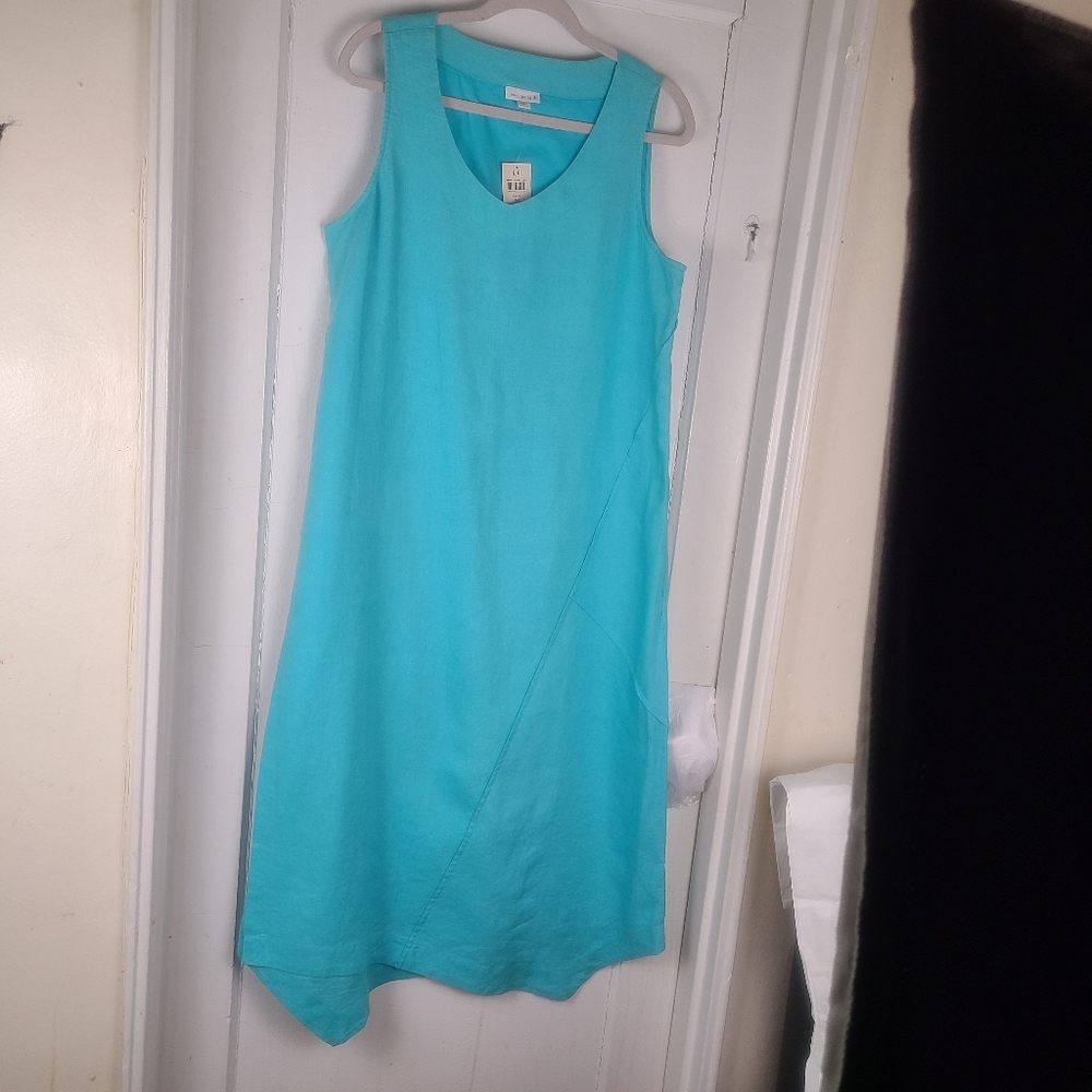 J Jill Pure Turquoise Blue Size M 100% Linen Faux Wrap Llned Maxi Dress NWT.